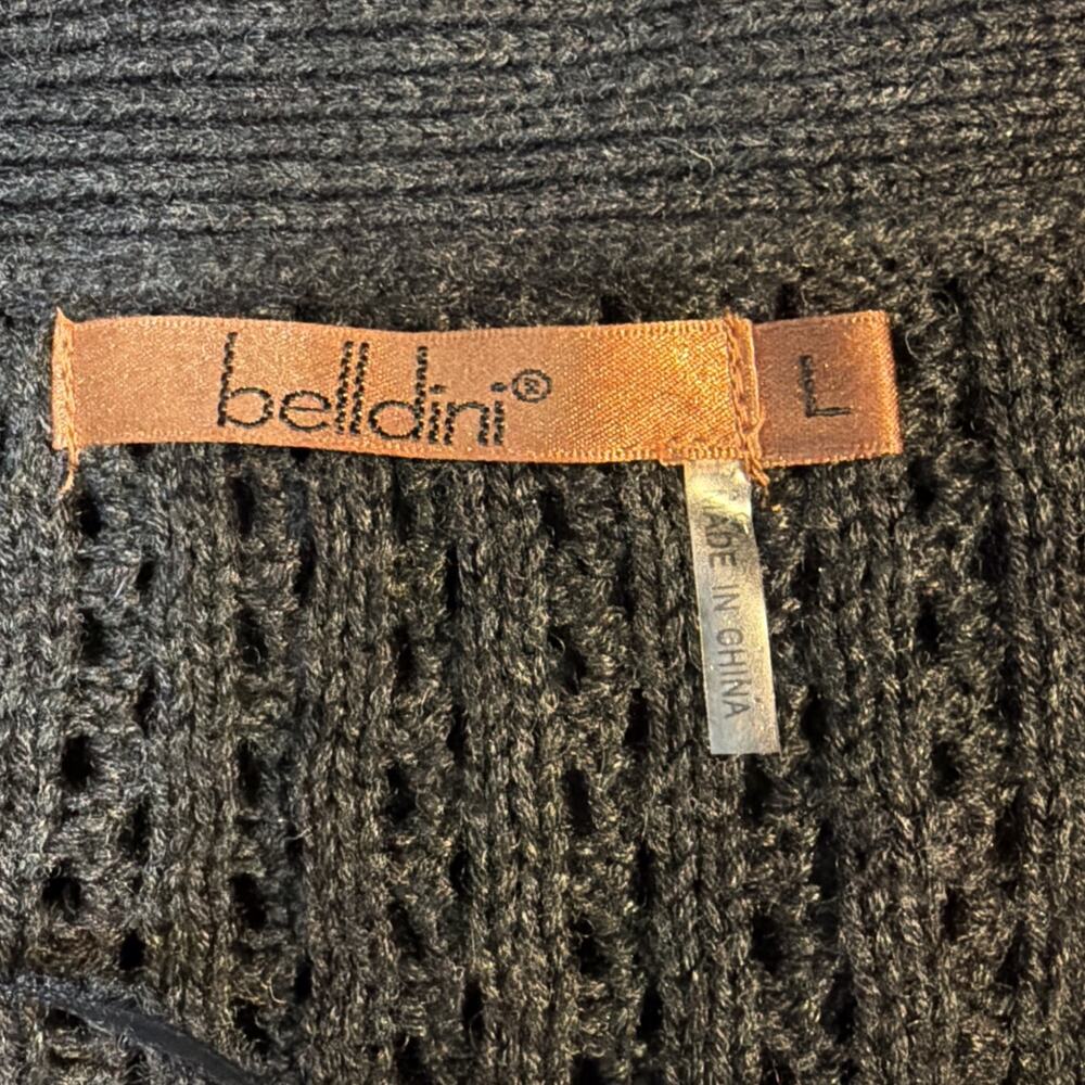 BELLDINI Women's size LARGE Open Front Sweater Cardigan Eyelet Knit Dark GRAY - Picture 13 of 15